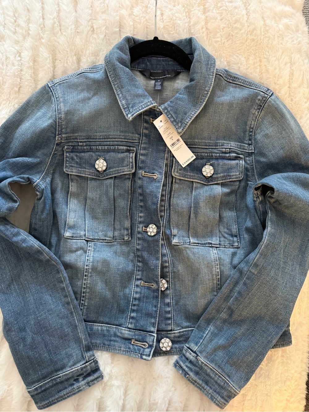 White House Black Market Light Blue Denim Jacket with Jewel Buttons